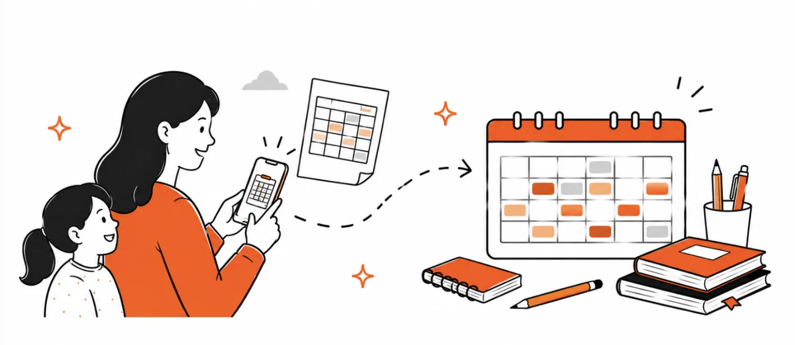 Famnly school schedule demo: a parent photographs a paper school timetable and the whole term of classes appears on the child's calendar.