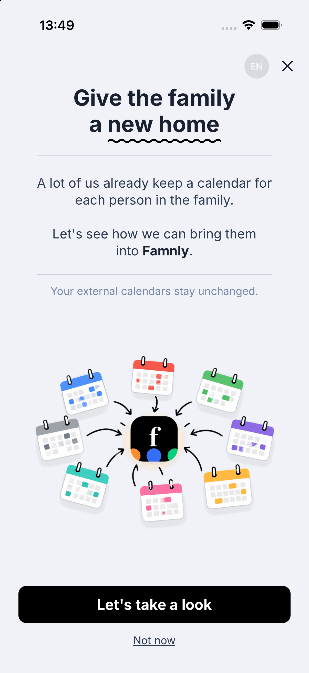Famnlyのカレンダー取り込みガイド。いろいろなアプリのカレンダーがFamnlyにまとまり、外部のカレンダーはそのまま変わらないという案内が表示されている