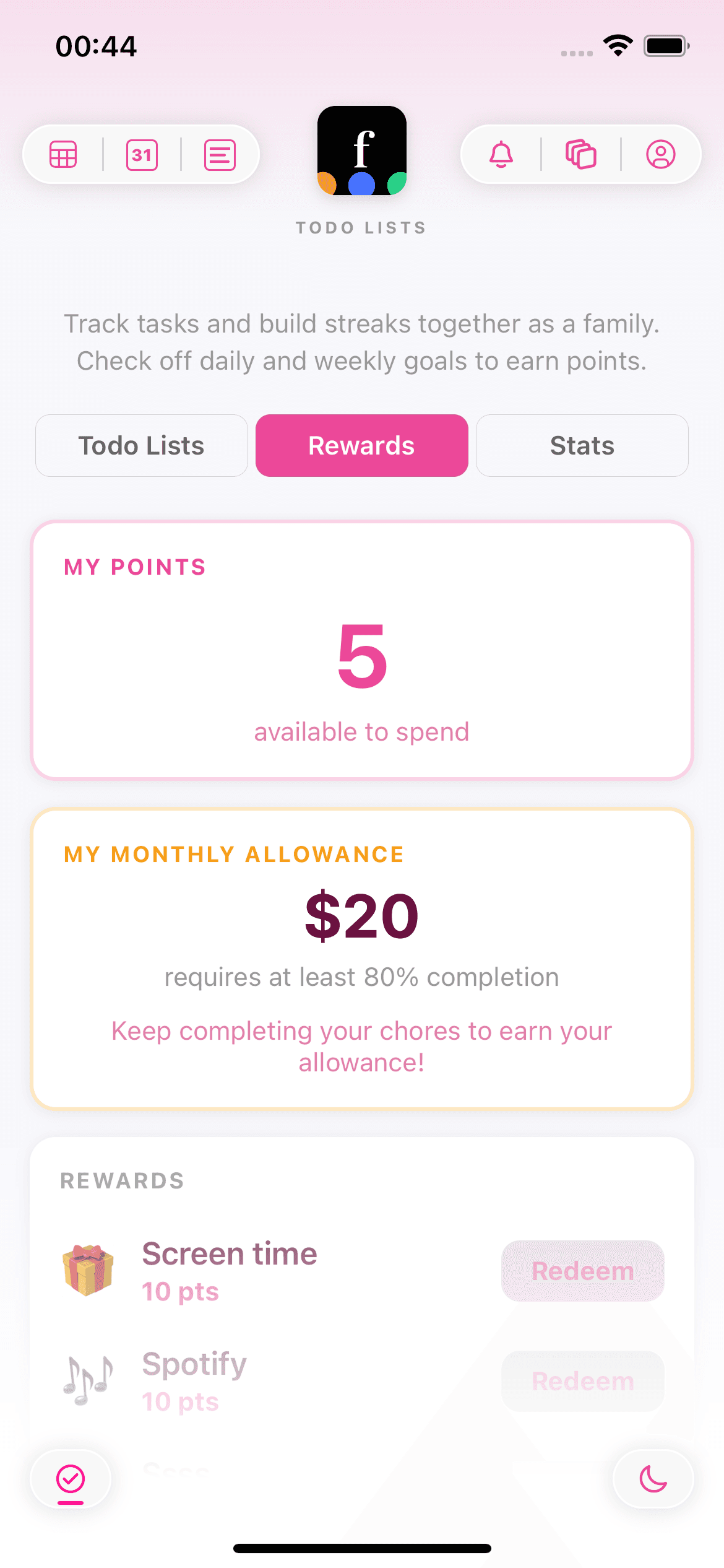 Famnly's kid view showing the monthly allowance card with target amount, required completion percentage, and current progress toward the month's payout