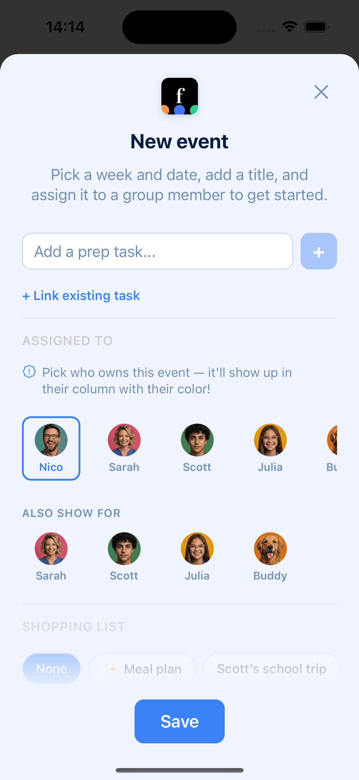 Create a shared family event with reminders and prep tasks