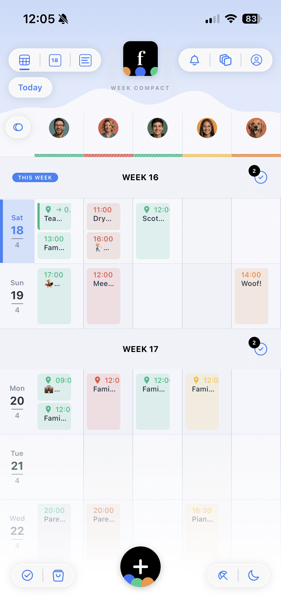 Famnly's week-compact view with each family member in their own color column, showing the whole household's week at a glance