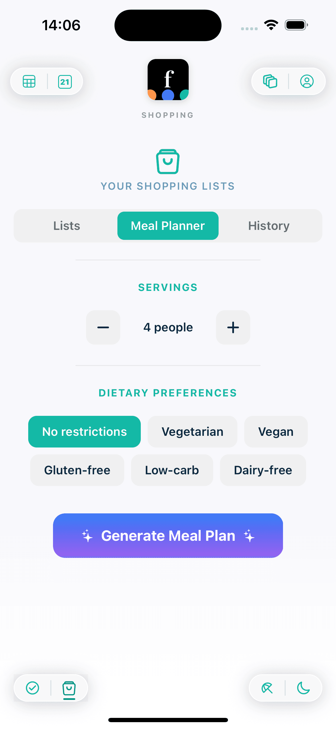 Famnly AI family meal planner generating a weekly plan