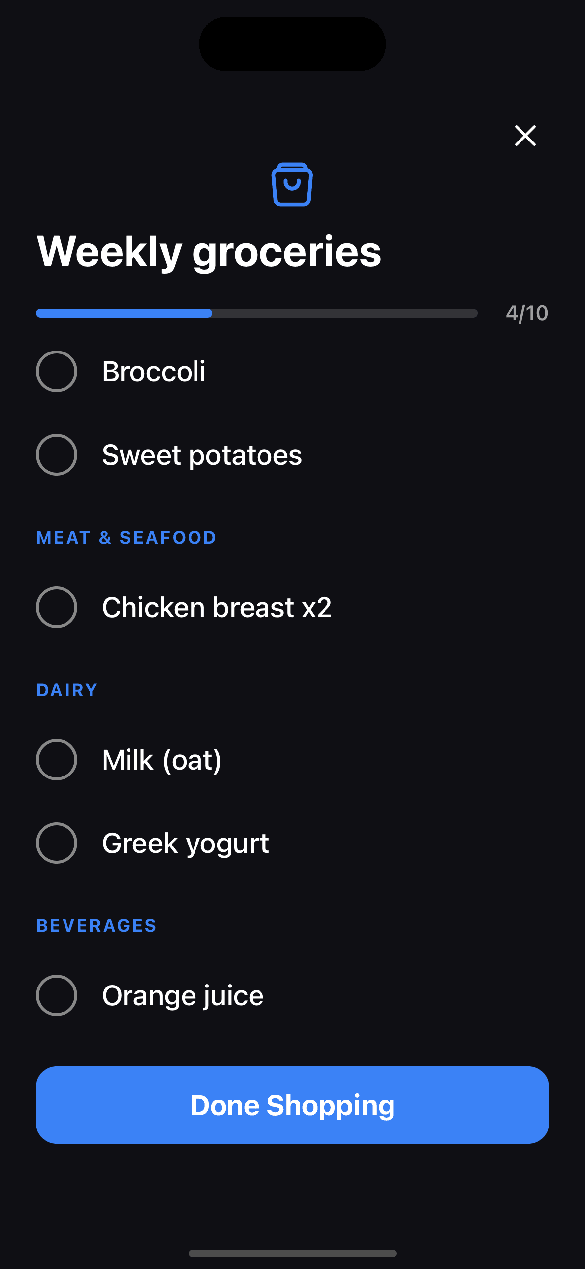 Famnly's Shop Now mode: full-screen dark overlay, progress bar with done/total counter, remaining items up top, checked items slid to the bottom with a strikethrough
