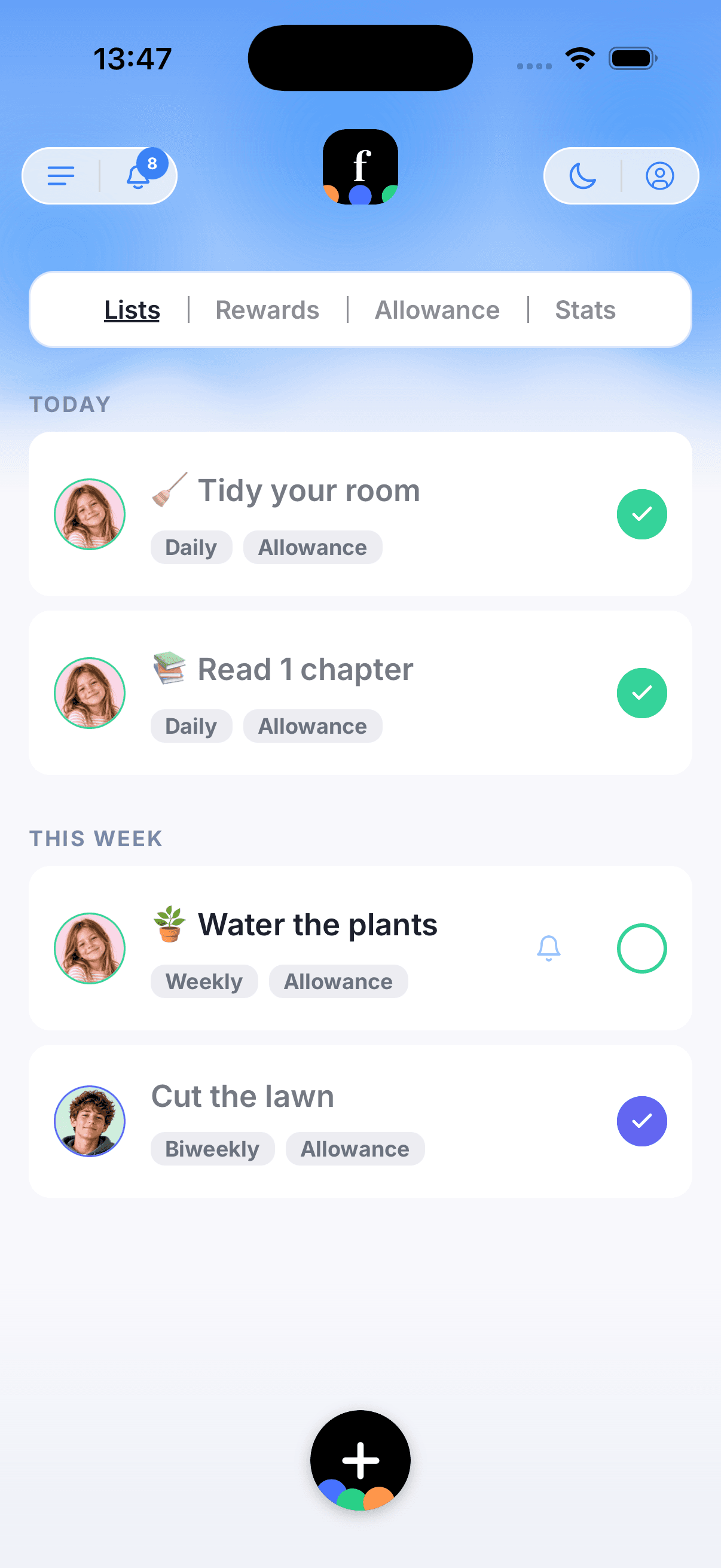 Famnly chore list for today and this week, with allowance chores for each child