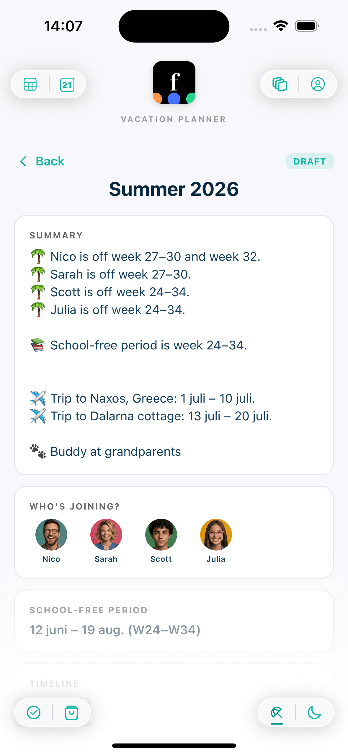 Visual family vacation planner with school-free periods and trip blocks