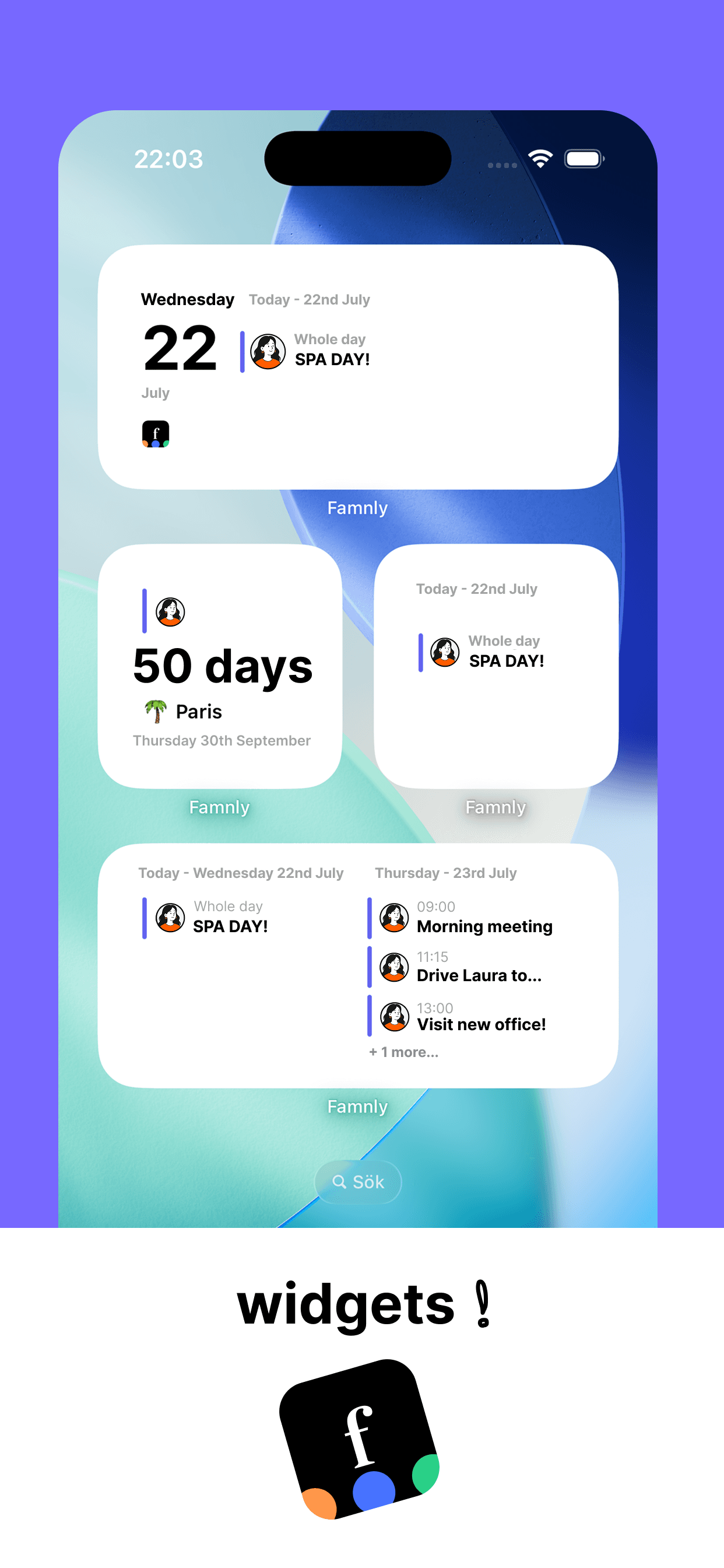 Famnly iOS home-screen widgets showing today's family agenda, an event countdown, and the date